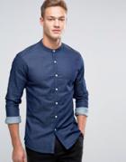 Asos Skinny Denim Shirt With Grandad Collar In Rinse Wash - Navy