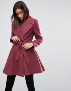 Asos Skater Coat With Self Belt And Oversized Collar - Pink