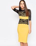 Vesper Esme Pencil Dress With Lace Overlay - Yellow