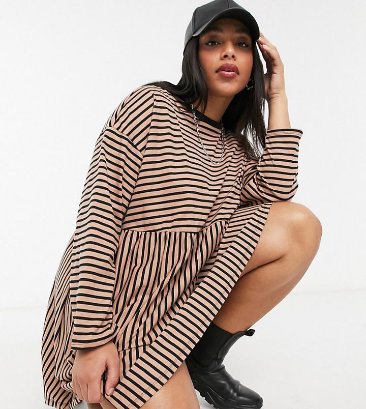 Asos Design Curve Super Oversized Long Sleeve Smock Dress In Camel And Black Stripe-neutral