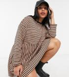 Asos Design Curve Super Oversized Long Sleeve Smock Dress In Camel And Black Stripe-neutral
