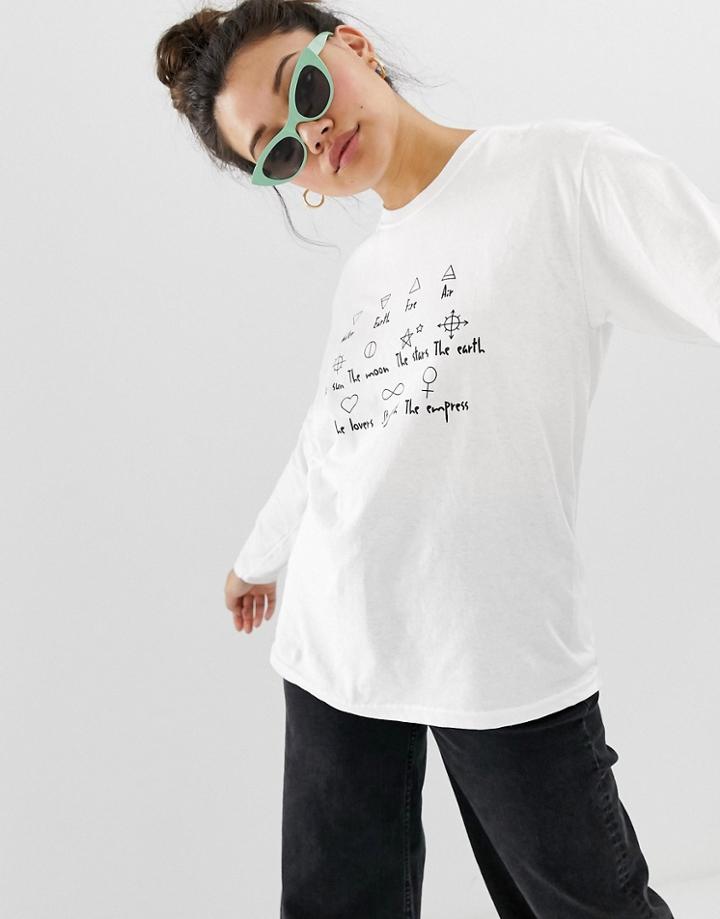 Daisy Street Long Sleeve T-shirt With Cosmic Symbol Graphics - White