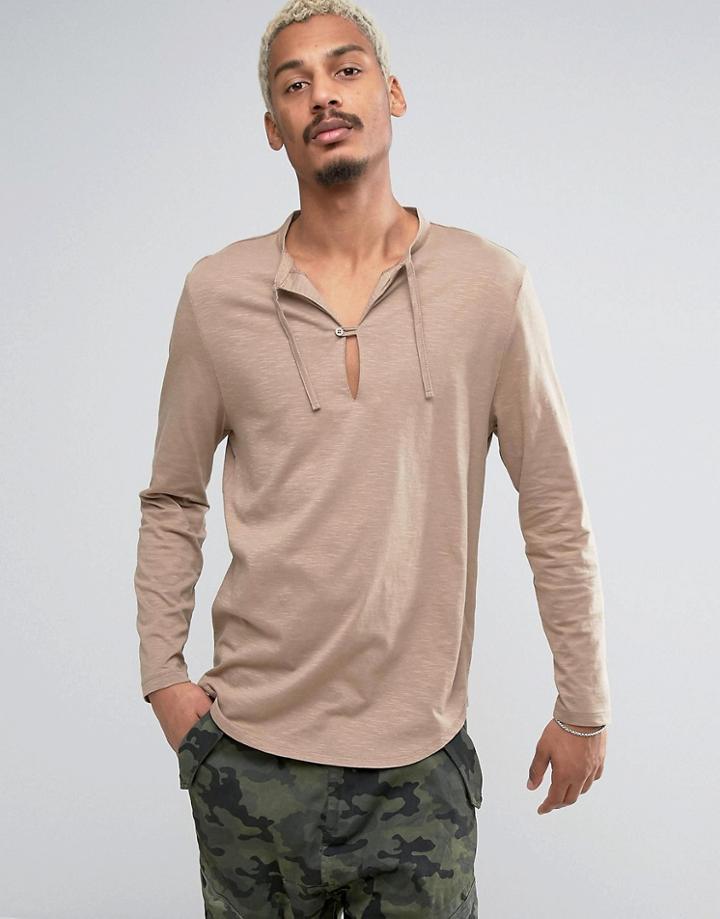 Asos Longline Long Sleeve T-shirt With Tie Grandad Collar - Brown