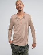 Asos Longline Long Sleeve T-shirt With Tie Grandad Collar - Brown