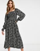 Missguided Long Sleeve Midi Dress With Shirred Bust In Black Playful Floral