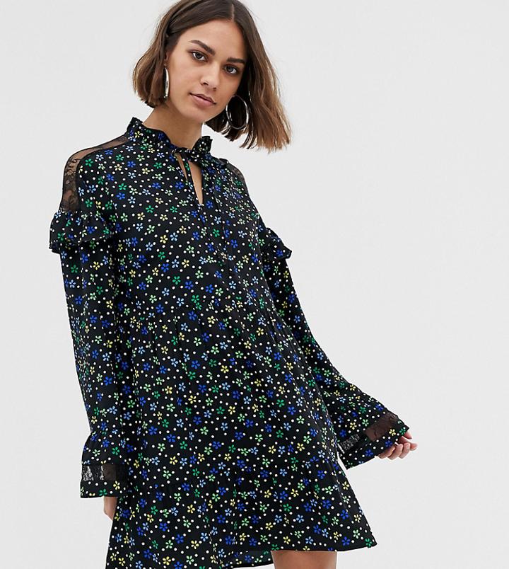 Collusion Lace Insert Smock Dress In Ditsy Floral - Multi