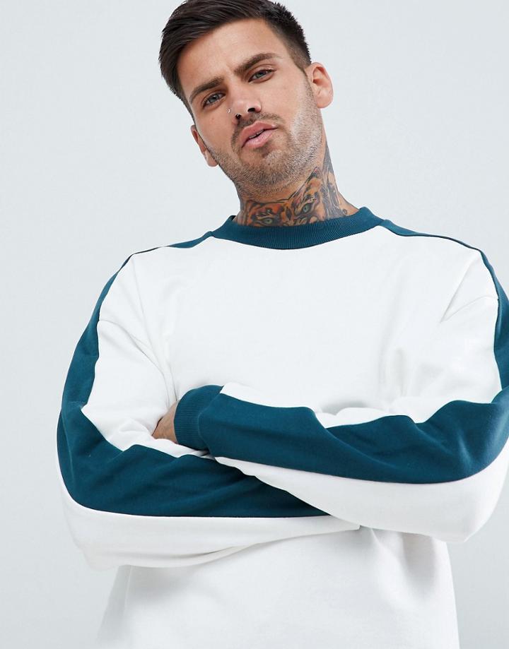 Asos Oversized Sweatshirt In White With Contrast Sleeve Panel And Ribs - White