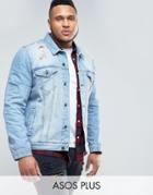 Asos Plus Denim Jacket In Mid Wash With Rips - Blue