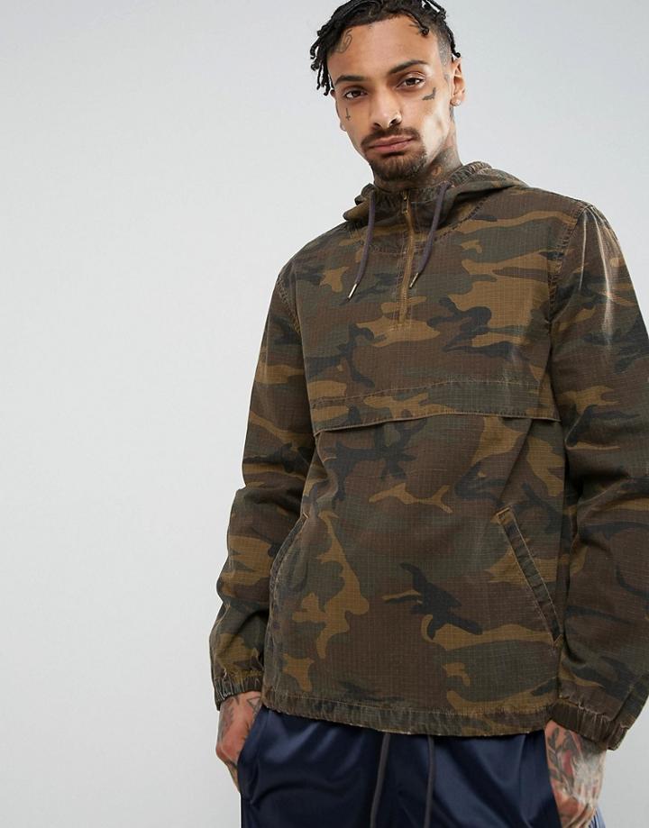 Asos Overhead Windbreaker With Badges In Acid Wash Camo Print - Green