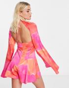 Asos Design Cut Out Ruched Halter Neck Romper With Flare Sleeves In Carnival Floral-multi