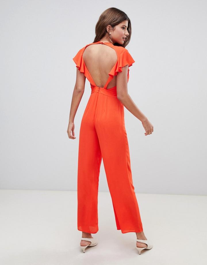 Asos Design Jumpsuit With Flutter Open Back-red