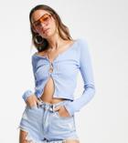Topshop Tall Button Front Notch Long Sleeve Top In Pale Blue