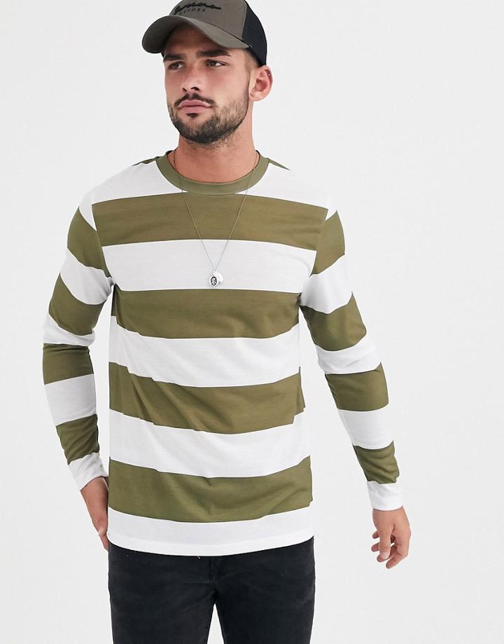 Asos Design Long Sleeve Wide Stripe T-shirt In Green And White