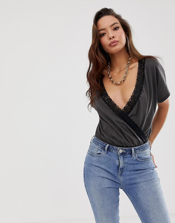 Asos Design T-shirt Wrap Body With Lace Trim - Gray