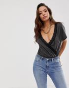 Asos Design T-shirt Wrap Body With Lace Trim - Gray