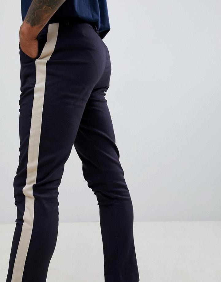 Boohooman Tapered Chinos With Side Stripe In Navy - Navy