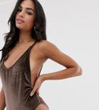 Missguided Plunge Velvet Swimsuit In Brown - Brown