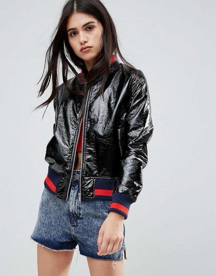 Missguided High Shine Cracked Pu Varsity Jacket - Black