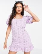 Asos Design Eyelet Mini Dress With Square Neck And Puff Sleeves In Lilac-purple