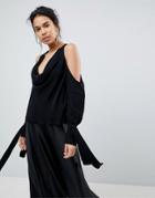 Keepsake Twin Peaks Tie Sleeve Cold Shoulder Blouse - Black