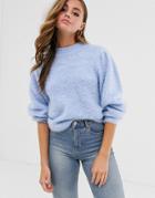 Asos Design Fluffy Sweater With Volume Sleeve-blue