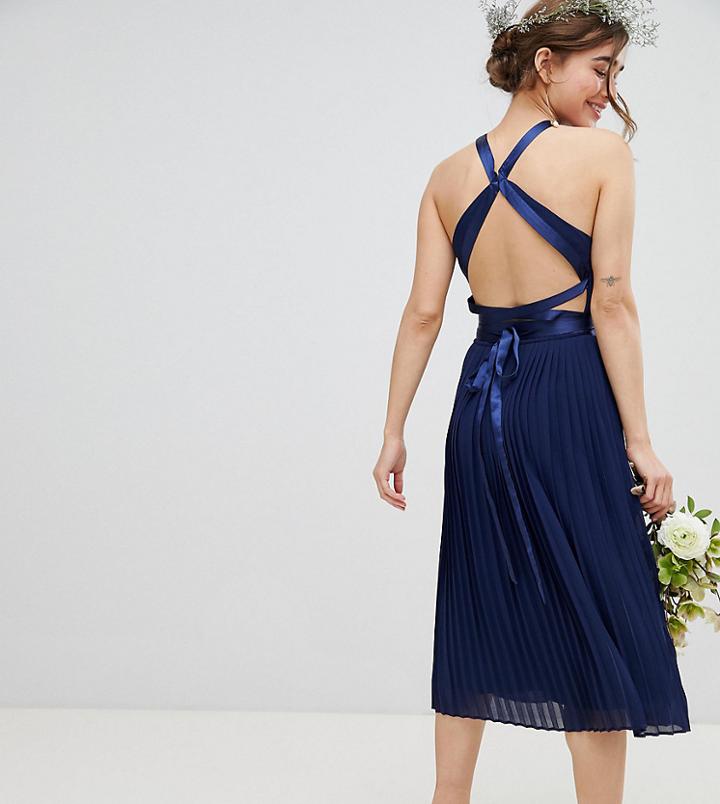 Tfnc Petite Pleated Midi Bridesmaid Dress With Cross Back And Bow Detail-navy
