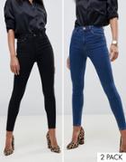 Asos Design High Rise Ridley 'skinny' Jeans 2 Pack In Black And Mid Blue Wash Save 16%-multi