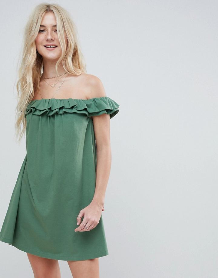 Asos Off Shoulder Sundress With Double Ruffle - Green