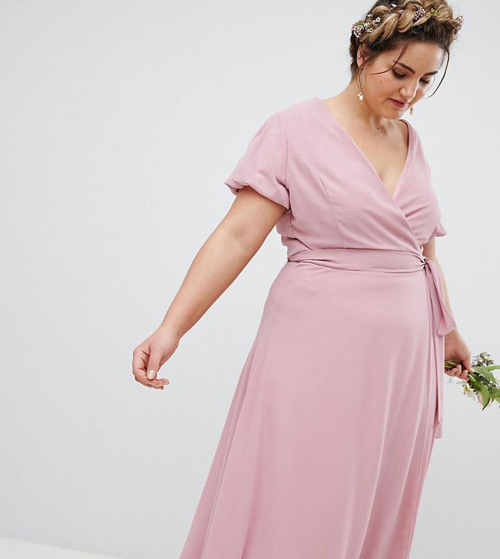 Tfnc Plus Wrap Maxi Bridesmaid Dress With Tie Detail And Puff Sleeves - Pink