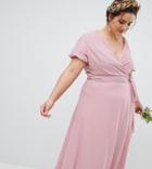 Tfnc Plus Wrap Maxi Bridesmaid Dress With Tie Detail And Puff Sleeves - Pink