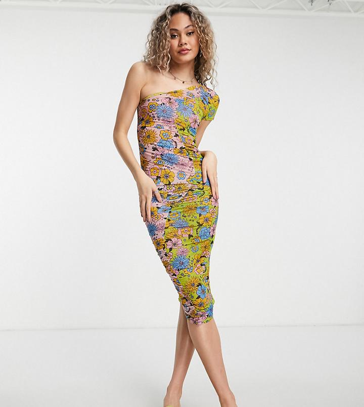 Collusion One Shoulder Floral Print Ruched Midi Summer Dress In Multi