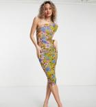 Collusion One Shoulder Floral Print Ruched Midi Summer Dress In Multi