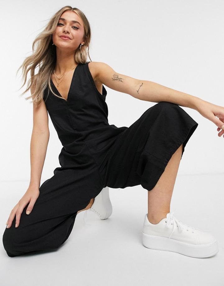 Asos Design Soft Denim Slouchy V Neck Jumpsuit In Black