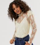 Asos Design Tall Long Sleeve Top In Delicate Lace-cream