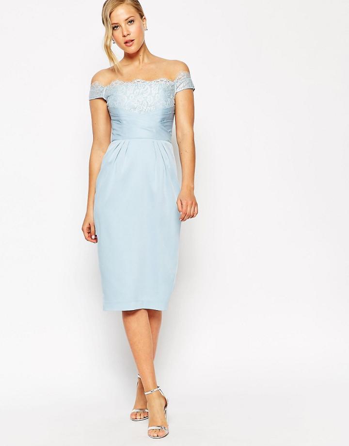 Asos Lace Wrap Pencil Dress - Blue