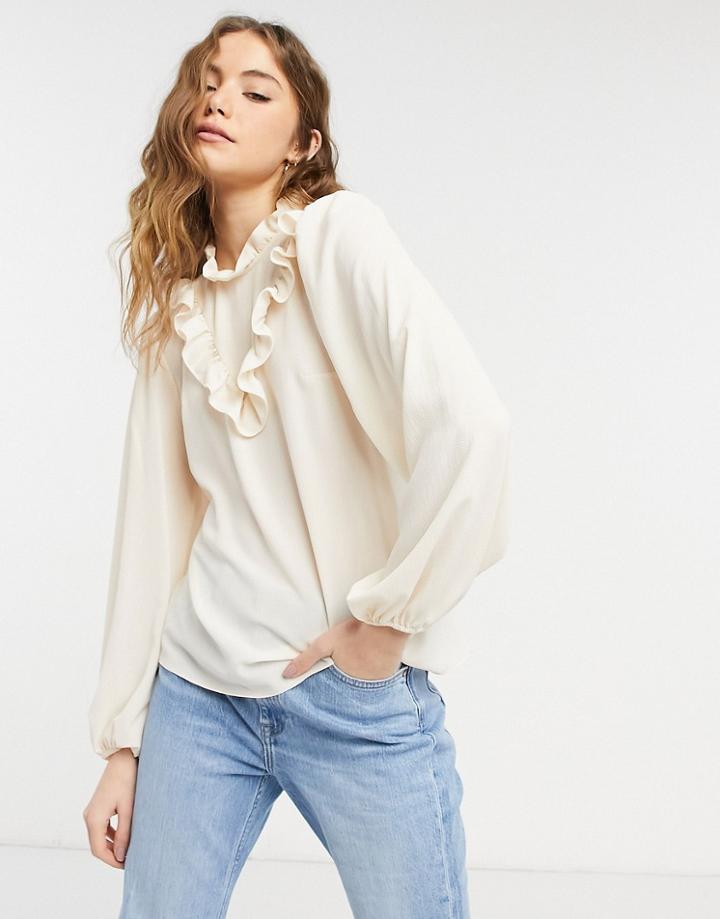 Asos Design Long Sleeve Blouse With High Neck And Ruffle Detail In Cream-pink