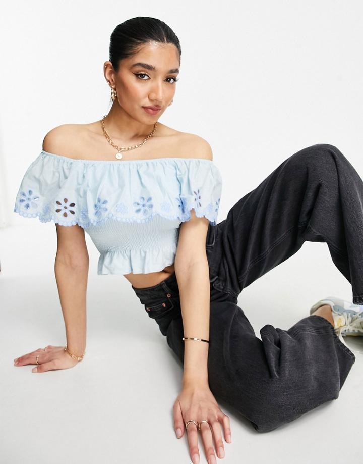 Miss Selfridge Broderie Bardot Shirred Top-blue