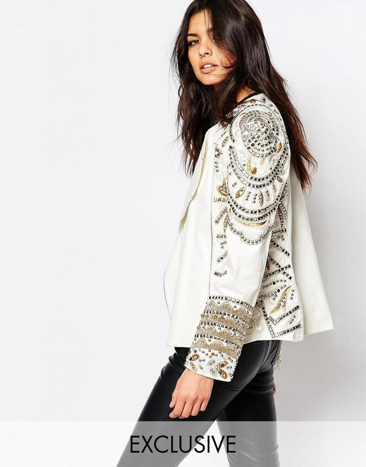 A Star Is Born All Over Embellished Biker Trophy Jacket - White
