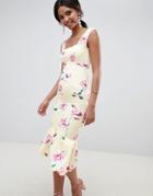 Asos Design Floral Scallop Pephem Midi Dress - Multi