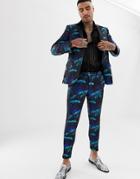 Moss London Suit Pants In Turquoise Floral Jacquard - Blue