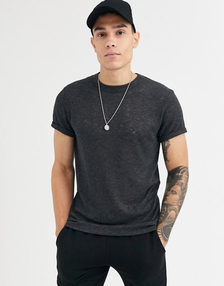 Asos Design T-shirt With Roll Sleeve In Dark Gray Slub Fabric