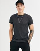 Asos Design T-shirt With Roll Sleeve In Dark Gray Slub Fabric