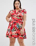 Club L Plus Skater Dress With Open Neck In Floral Print - Cream Floral