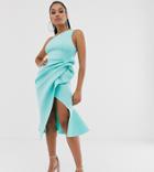 Asos Design Petite One Shoulder Tucked Peplum Pencil Midi Dress-green