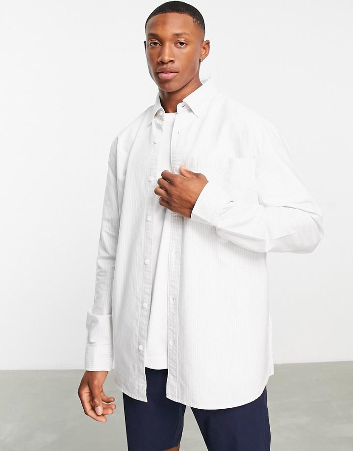 Topman Relaxed Stripe Oxford Shirt In Gray And White-multi