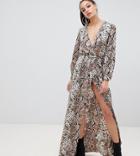 Missguided Tall Exclusive Tall Maxi Wrap Dress With Side Splits In Snake - Brown