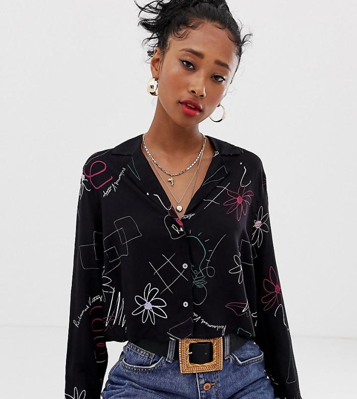 Reclaimed Vintage Inspired Crop Shirt In Scribble Print-black