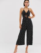 Asos Design Knot Front Cut Out Strappy Halter Open Back Jumpsuit In Polka Dot-multi