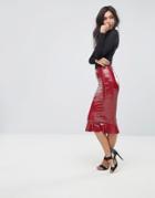 Club L High Shine Bodycon Skirt With Frill Hem - Red
