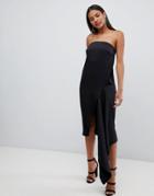 Asos Design Satin Bandeau Midi Dress With Drape Detail In Black - Black